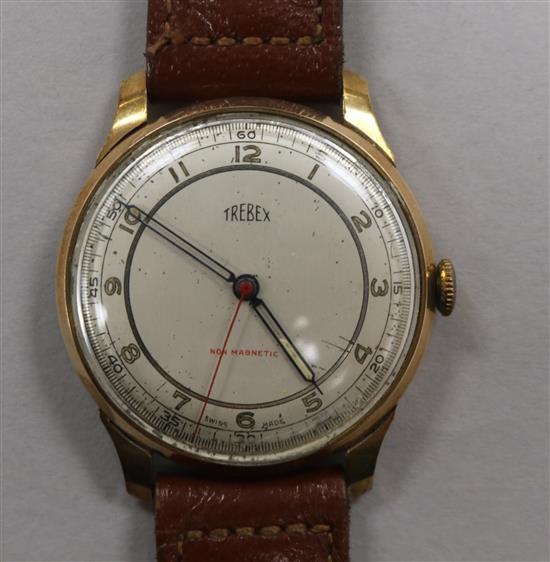 A gentlemans 9ct gold Trebex non magnetic manual wind wrist watch.